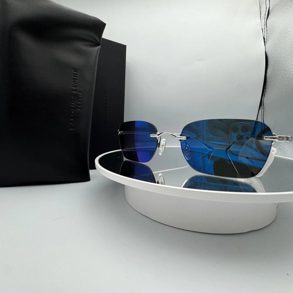 Carolina Lemke Sunglasses Rimless Blue Mirror CL6800-08 Silver Frame 51mm